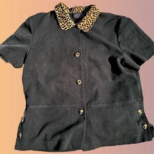 Women's Vintage Black Jacket Leopard Collar blouse  Size 8